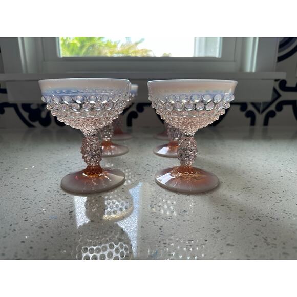 Lot Set 6 Duncan & Miller 4.5" PINKOpalescent Hobnail CHAMPAGNEGoblets